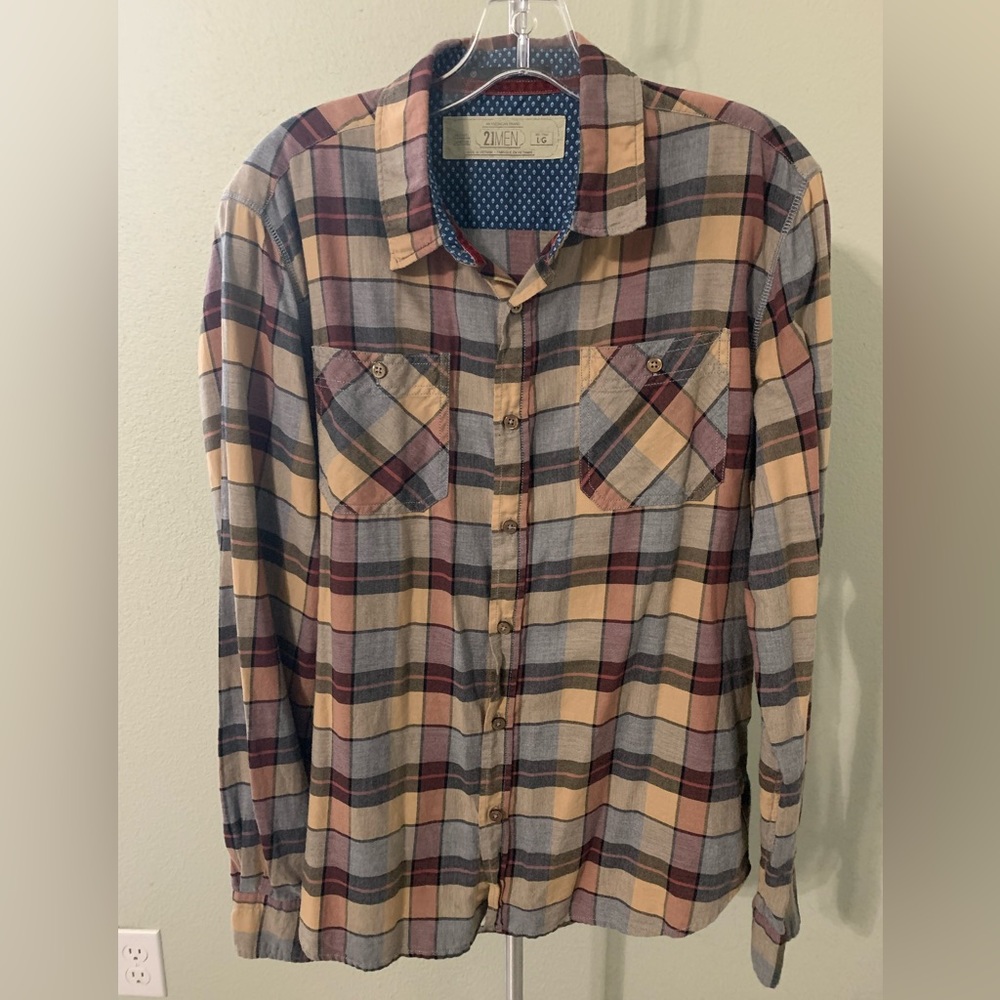 Forever 21 Men Fitted Long Sleeve Shirt Plaid Large